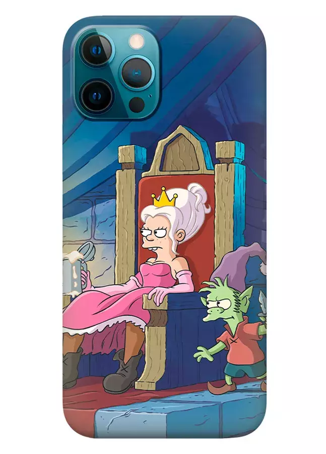 Наладка для iPhone 12 Pro Max из силикона - Disenchantment Разочарование Принцеса Бим с пивом на троне сидит и рядом Эльфо