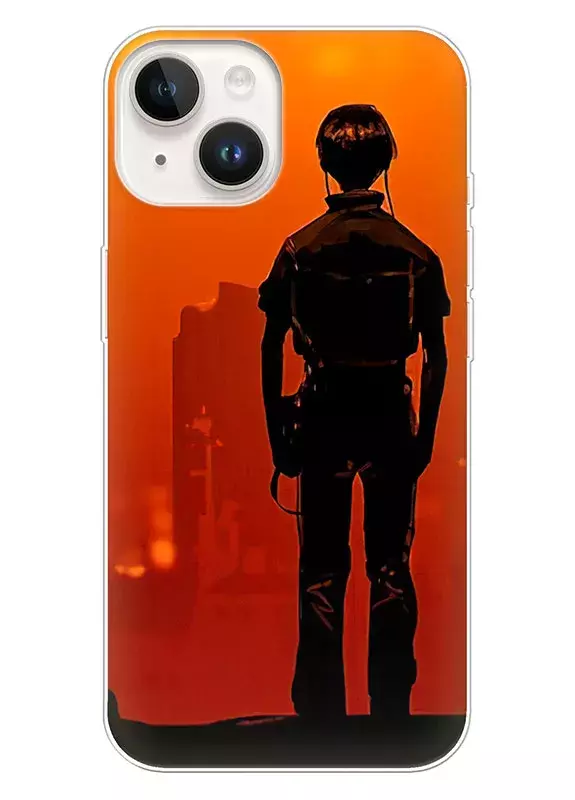 Чехол для iPhone 14 - Евангелион Рей Аянами в тени на фоне города 