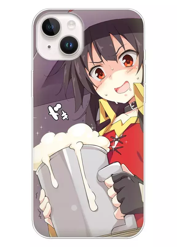 Бампер для iPhone 14 Plus - Коносуба KonoSuba Мегумин радуется пиву крупным планом
