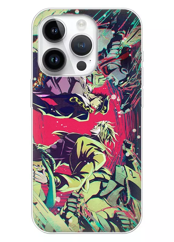 Чехол для iPhone 14 Pro - Невероятные приключения ДжоДжо JoJo’s Bizarre Adventure Джотаро Куджо против Дио Брандо и их стенды