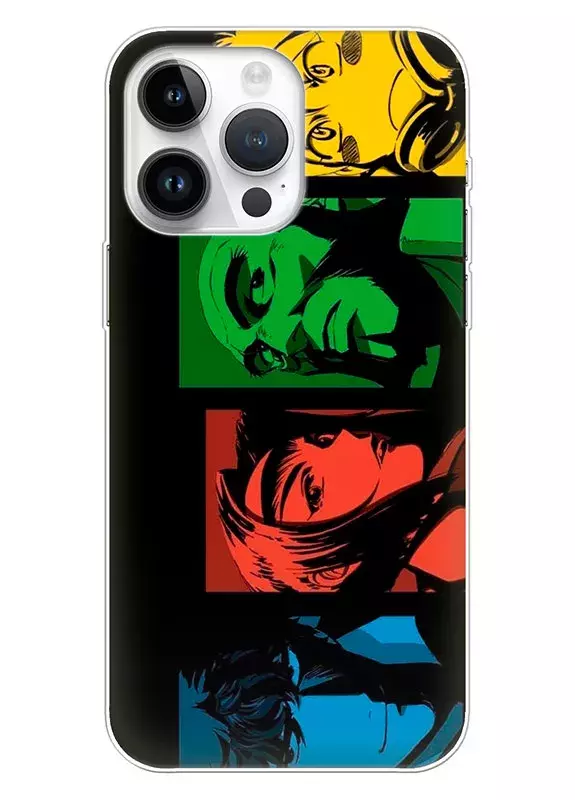 Бампер для iPhone 14 Pro Max - Спайк Шпигель Фэй Валентайн Джет Блэк и Радикал Эдвард коллаж из героев, Ковбой Бибоп