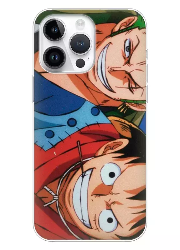 iPhone 15 Plus чехол - Луффи и Ророноа Зоро смеются крупным планом | Ван-Пис One Piece