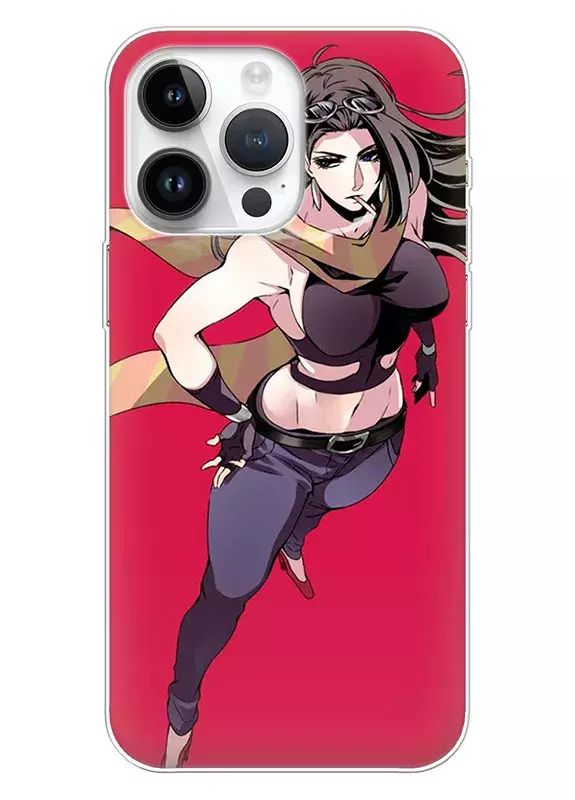 Чехол для iPhone 15 Plus - Невероятные приключения ДжоДжо JoJo’s Bizarre Adventure наблюдающая Лиза Лиза с сигаретой