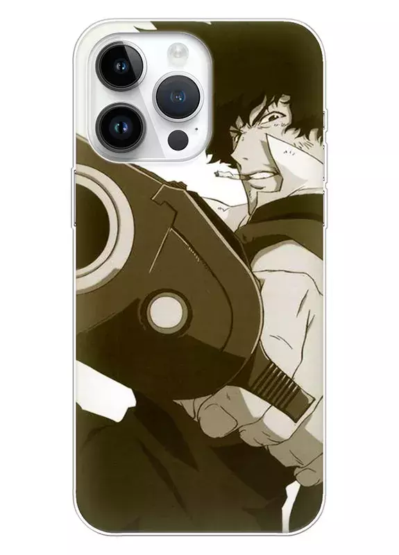Чехол для iPhone 15 Plus - Ковбой Бибоп Спайк Шпигель отстреливается в атаке