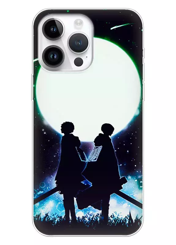 iPhone 15 Pro Max чехол - Атака на титанов Attack on Titan Леви Аккерман и Эрен Йегер на фоне луны