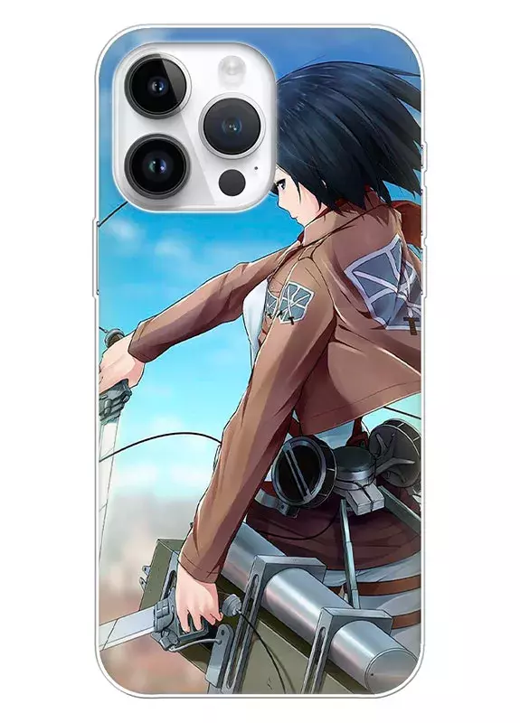 iPhone 15 Pro Max чехол - Атака на титанов Микаса Аккерман с мечами в руках