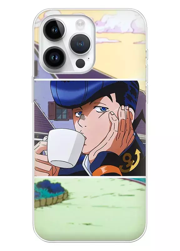 iPhone 15 Pro Max чехол - Невероятные приключения ДжоДжо JoJo’s Bizarre Adventure Джоске Хигашиката пьет кофе