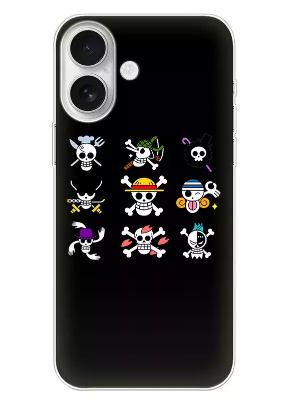 iPhone 16 чехол - Ван-Пис One Piece логотипы пиратские черепов главных героев