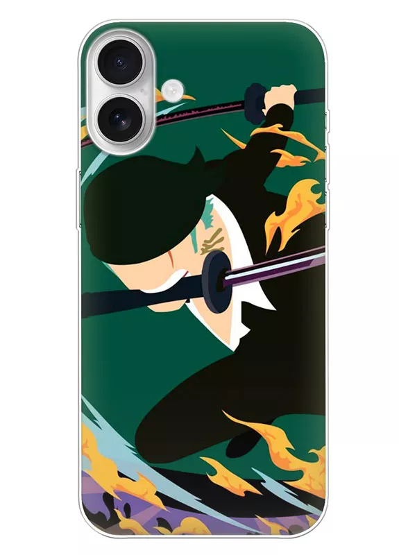iPhone 16 Plus чехол - Ван-Пис One Piece Ророноа Зоро в атаке крупным планом с мечами вектор-арт