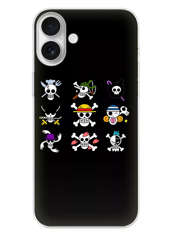 iPhone 16 Plus чехол - Ван-Пис One Piece логотипы пиратские черепов главных героев