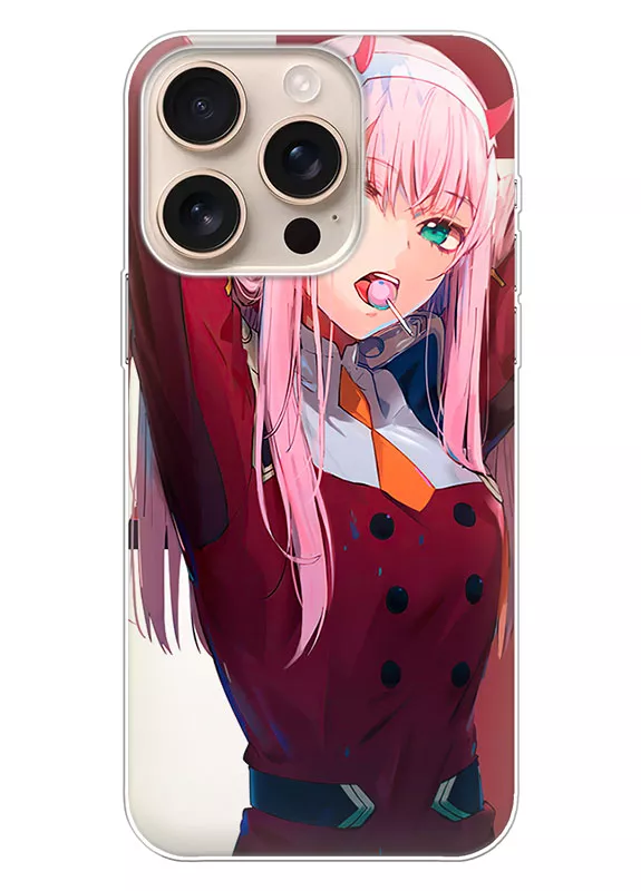 Бампер для iPhone 16 Pro - Милый во Франксе Darling in the Franxx Код 002 с леденцом во рту наблюдает