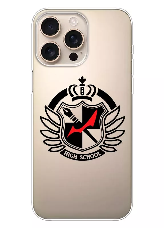 Чехол для Айфон 16 Про Макс из прозрачного силикона - Данганронпа High School Logo
