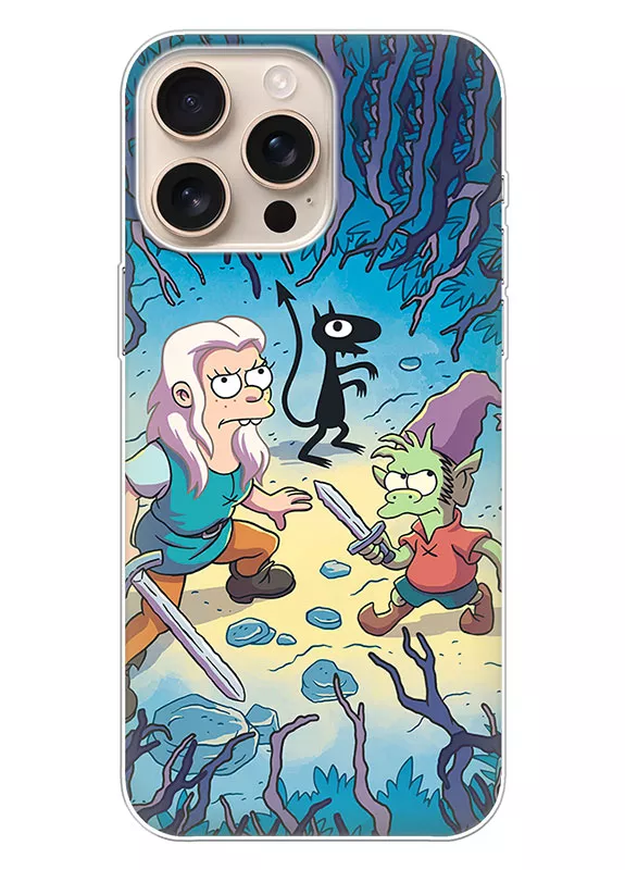Чехол для iPhone 16 Pro Max - Disenchantment Разочарование Бин Эльфо и Люци в лесу против монстров