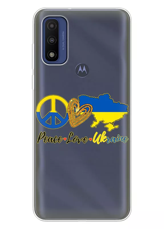 Чехол на Motorola G Pure с патриотическим рисунком - Peace Love Ukraine