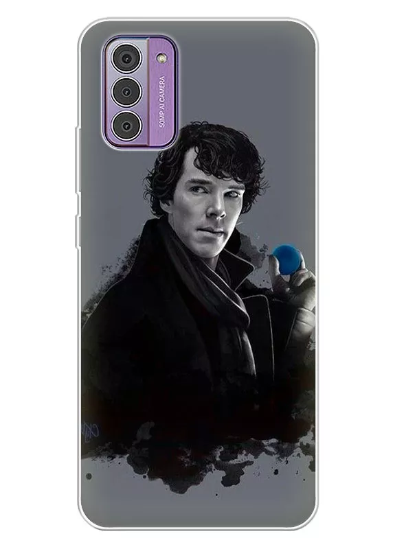 Нокия Дж310 чехол - Сериал Шерлок Холмс, Бенедикт Камбербэтч наблюдая держит синий мячик художественный арт