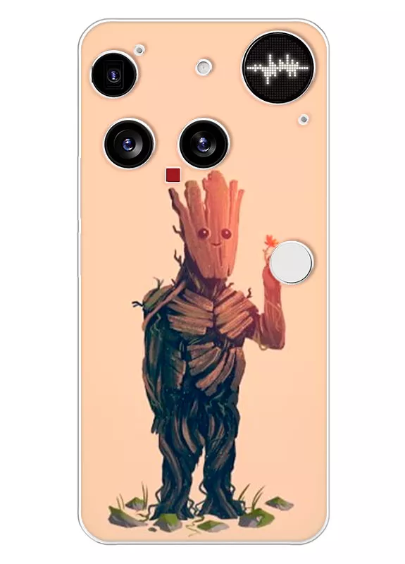 Бампер для Nothing Phone 3 - Грут, Groot с улыбкой держит цветочек в мультяшном стиле