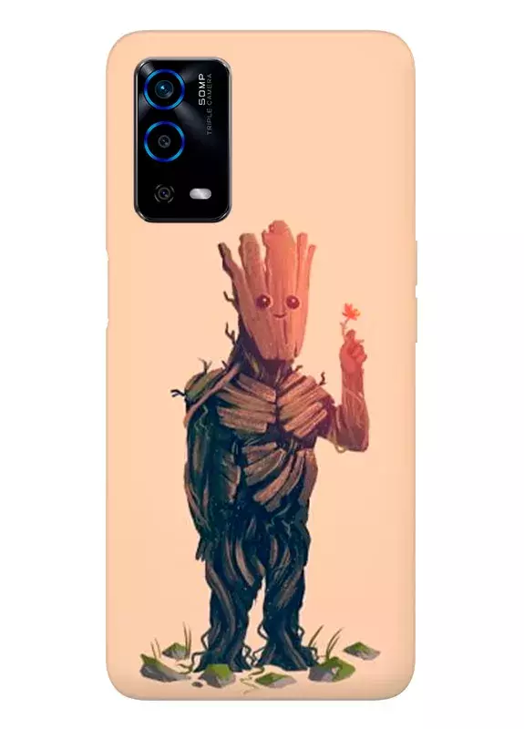 Бампер для OPPO A55 - Грут, Groot с улыбкой держит цветочек в мультяшном стиле 