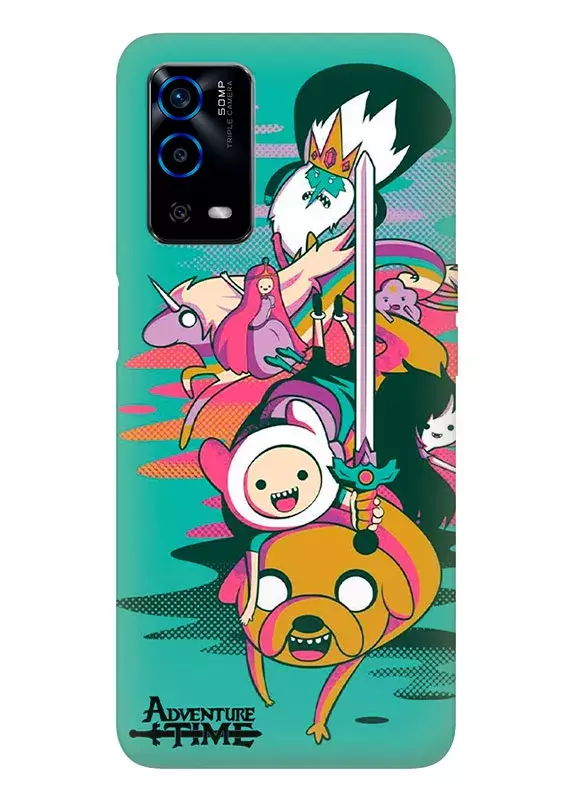 OPPO A55 чехол силиконовый - Adventure Time лого с героями мультфильма в атаке 
