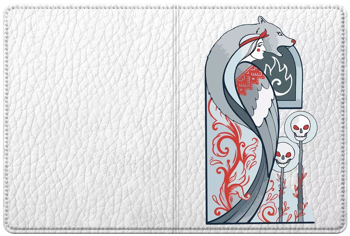 Кожаный чехол на паспорт-книжку с актуальным рисунком — Сказочная девушка-птица и медведь