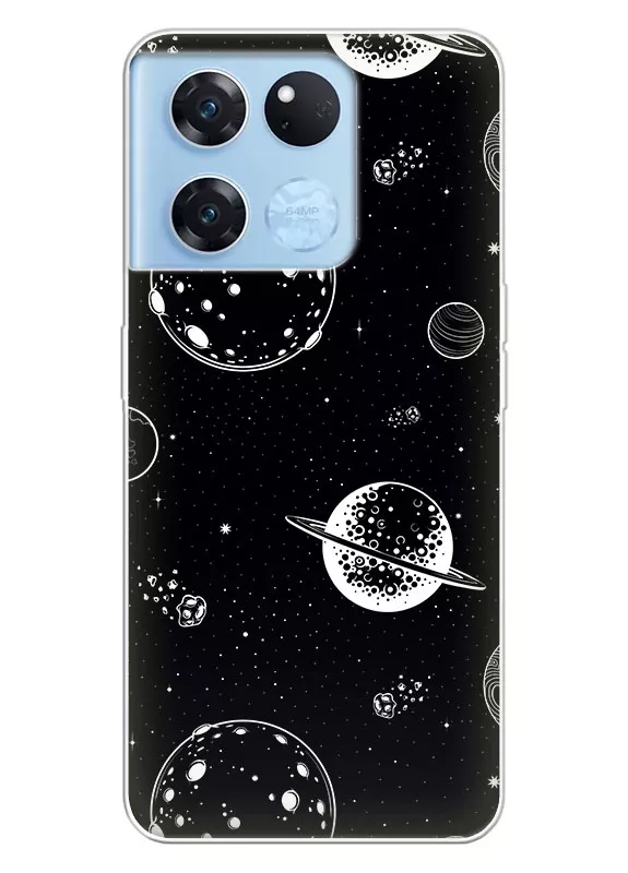 Силиконовый бампер на OnePlus Ace Racing с черно-белым принтом планет
