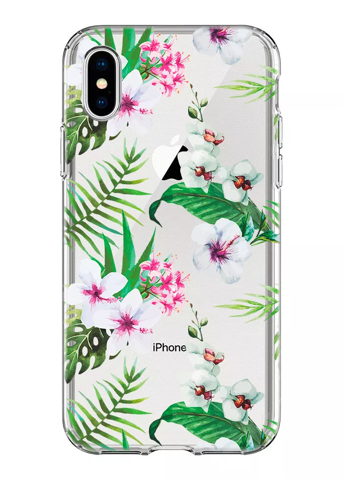 Силиконовый чехол для iPhone X с цветочками на белом смартфоне