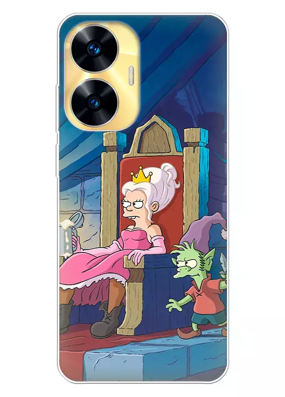Чехол для Realme C55 - Disenchantment Разочарование Принцеса Бим с пивом на троне сидит и рядом Эльфо