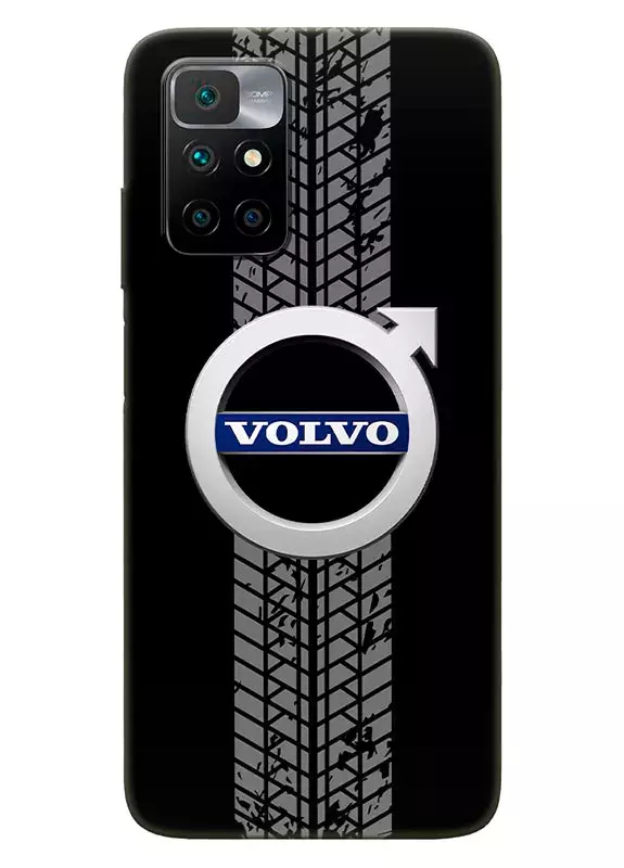 Наладка для Редми Нот 11 4Дж из силикона - Volvo Вольво классический логотип крупным планом и следы шин колеса