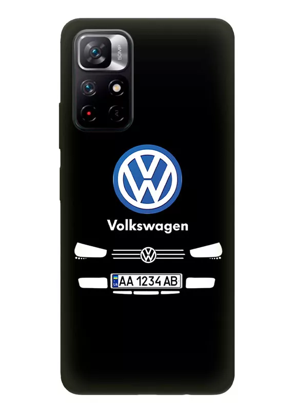 Бампер для Редми Нот 11 5Дж из силикона - Volkswagen Фольксваген классический логотип крупным планом с номерным знаком и передней частью кузова (Дизайн 1)