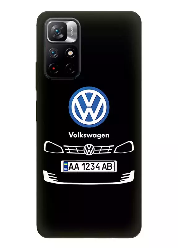 Бампер для Редми Нот 11 5Дж из силикона - Volkswagen Фольксваген классический логотип крупным планом с номерным знаком и передней частью кузова (Дизайн 2)