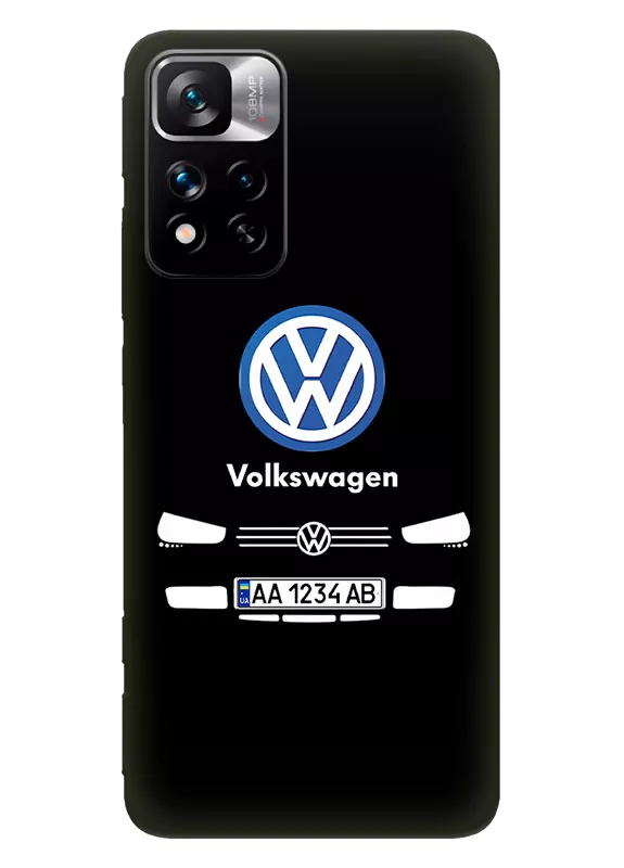 Бампер для Редми Нот 11 Про из силикона - Volkswagen Фольксваген классический логотип крупным планом с номерным знаком и передней частью кузова (Дизайн 1)