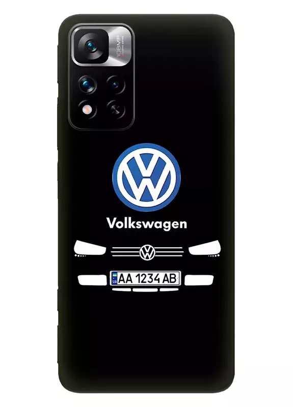 Бампер для Редми Нот 11 Про+ из силикона - Volkswagen Фольксваген классический логотип крупным планом с номерным знаком и передней частью кузова (Дизайн 1)