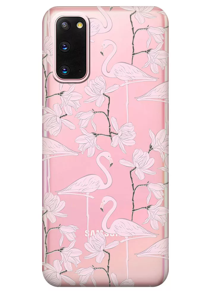 Прозрачный чехол для Galaxy S20 - Розовые фламинго