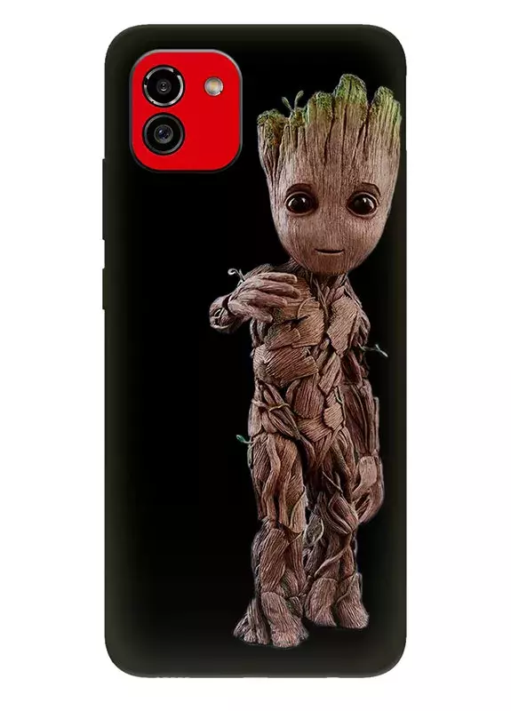 Чехол для Galaxy A03 из силикона - Грут Комикс Марвел Marvel Comics Goot приветствует в радостном настроении черный чехол