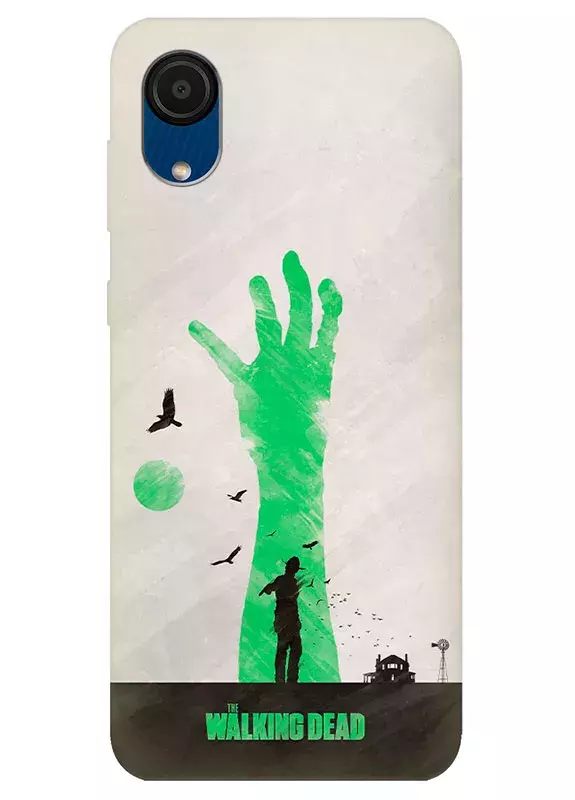 Чехол-накладка для Гелекси А03 Кор из силикона - Ходячие мертвецы The Walking Dead Рик Граймс посреди поля с воронами на фоне зеленой руки зомби серый чехол