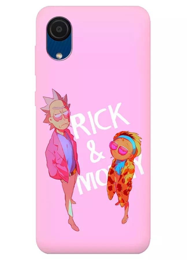 Бампер для Самсунг А03 Кор из силикона - Rick and Morty Рик и Морти модные главные герои на розовом фоне