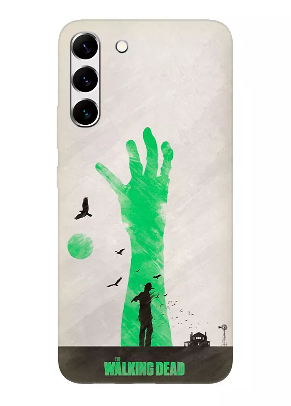 Чехол-накладка для Гелекси С22 из силикона - Ходячие мертвецы The Walking Dead Рик Граймс посреди поля с воронами на фоне зеленой руки зомби серый чехол