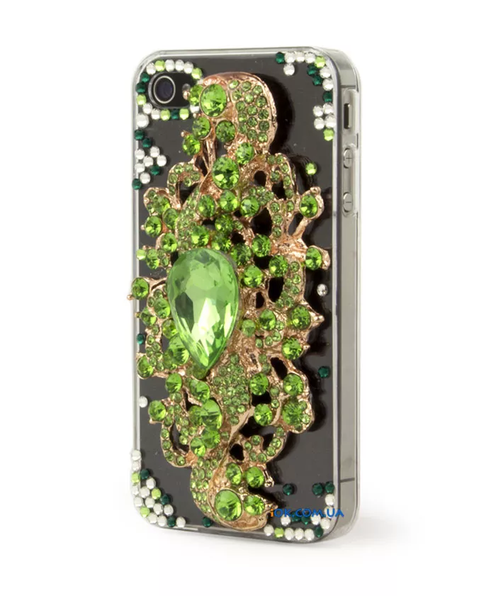 Чехол на Айфон 4, 4с с большим зеленым камнем и симпатичной брошкой