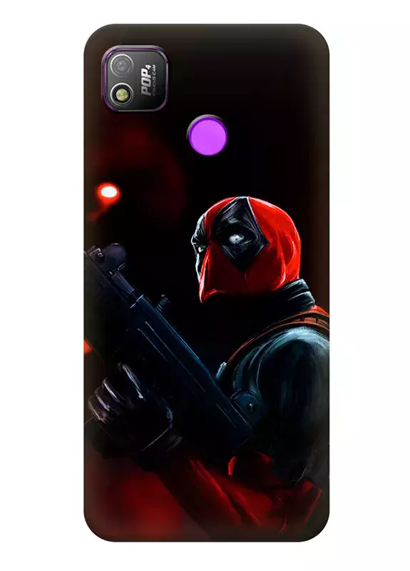 Чехол для Tecno Pop 4 (BC2) - Дэдпул, Deadpool удивленный взгляд Уэйда Уилсона с автоматом 