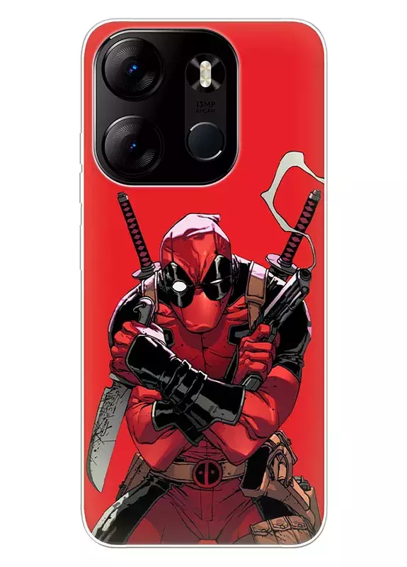 Чехол для Tecno Pop 7 - Дэдпул, Deadpool хитрый взгляд Уэйда Уилсона в боевой готовности