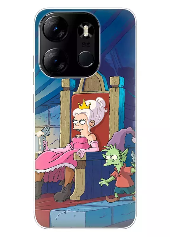 Чехол для Tecno Pop 7 - Disenchantment Разочарование Принцеса Бим с пивом на троне сидит и рядом Эльфо