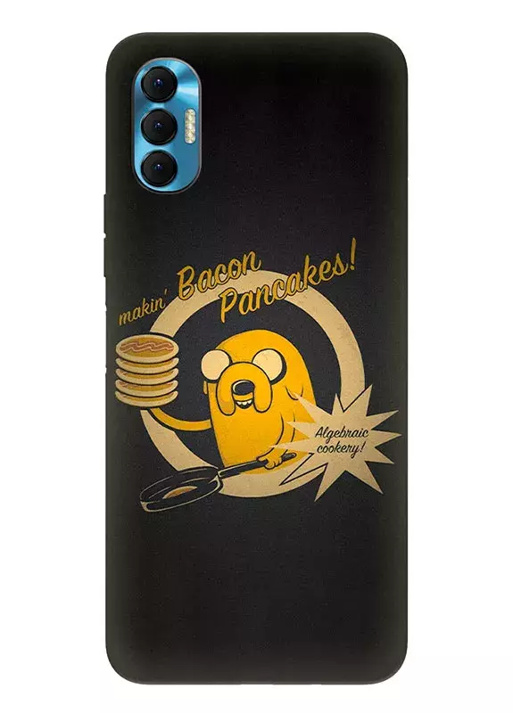 Чехол для Samsung Tecno Spark 8P - Время приключений Джейк жарит блины Makin Bacon Pancakes на черном фоне