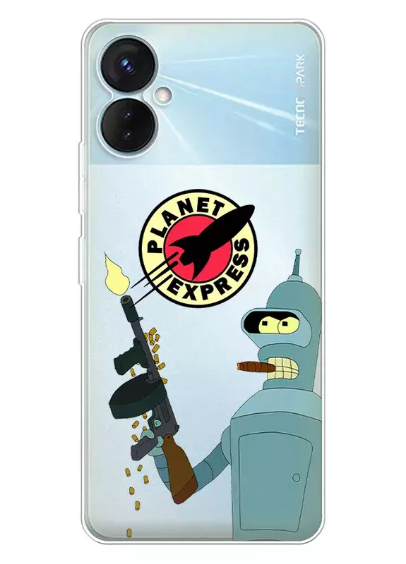 Tecno Spark 9 Pro чехол Futurama Футурама лого Planet Express и Бендер с автоматом, силиконовый, прозрачный