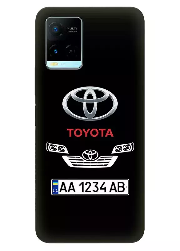 Чехол для Виво У21 из силикона - Toyota Тойота классический логотип крупным планом с номерным знаком и передней частью кузова на черном фоне черный чехол
