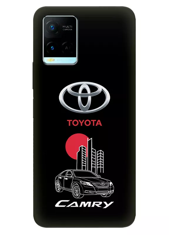 Чехол для Виво У21 из силикона - Toyota Тойота логотип и автомобиль машина Camry вектор-арт купе седан на черном фоне черный чехол