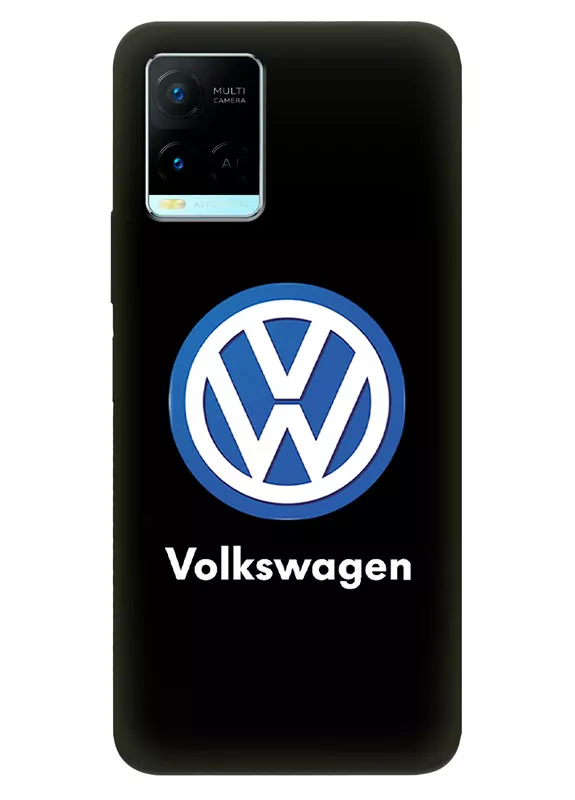 Бампер для Виво У21 из силикона - Volkswagen Фольксваген классический логотип крупным планом и название на черном фоне черный чехол