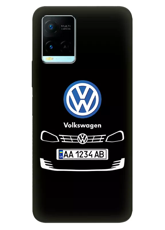 Бампер для Виво У21 из силикона - Volkswagen Фольксваген классический логотип крупным планом с номерным знаком и передней частью кузова на черном фоне черный чехол (Дизайн 2)