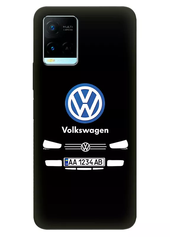Бампер для Виво У33с из силикона - Volkswagen Фольксваген классический логотип крупным планом с номерным знаком и передней частью кузова на черном фоне черный чехол (Дизайн 1)