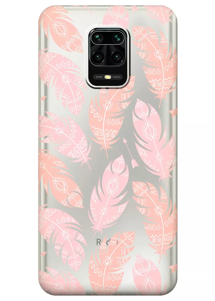 Прозрачный чехол для Redmi Note 9 Pro - Розовые перья