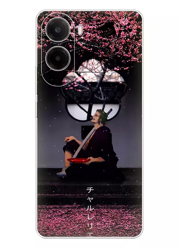 Xiaomi Poco C81 чехол - Ван-Пис One Piece Ророноа Зоро сидит по сакурой