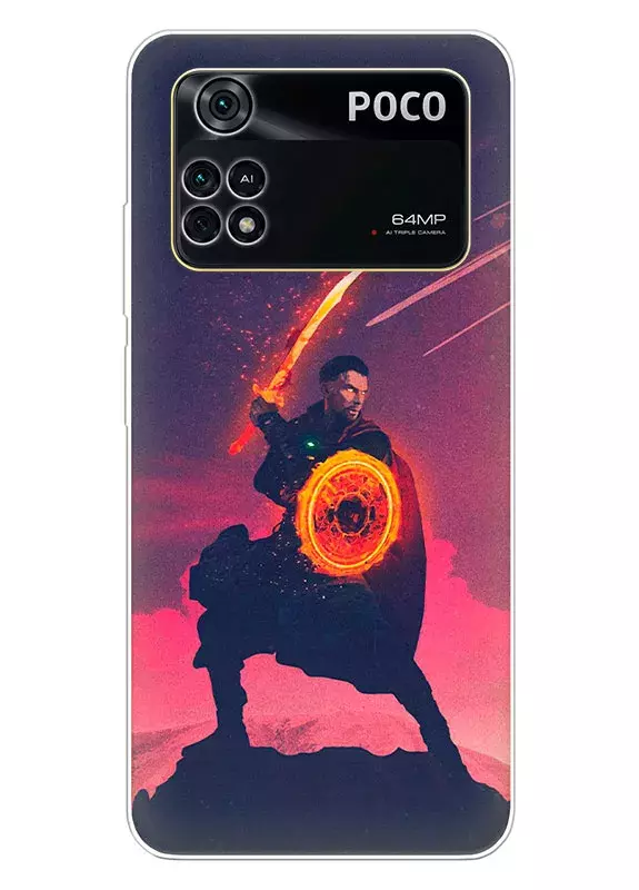 Чехол для Xiaomi Poco M4 Pro - Доктор Стрэндж, Бенедикт Камбербэтч с магическим мечем и щитом